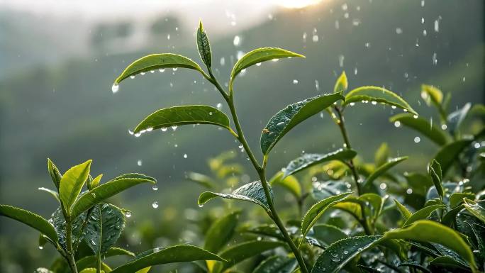 唯美茶叶茶园雨睡滴落雨中雨后的茶叶茶园