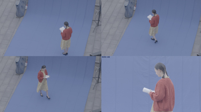 看书美女书卷女孩走路蓝幕抠像原素材