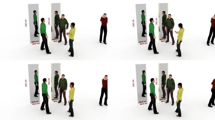 人们在白色背景的镜子旁边交谈。