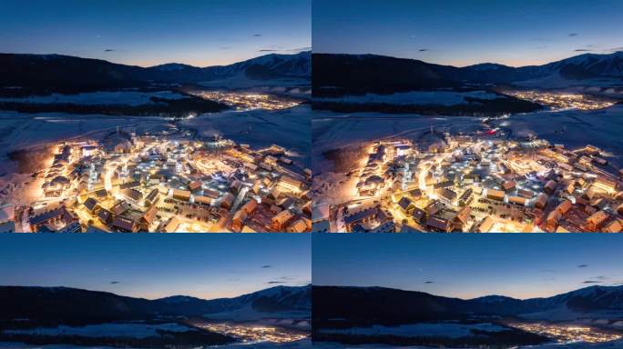新疆喀纳斯禾木景区雪山村落夜景