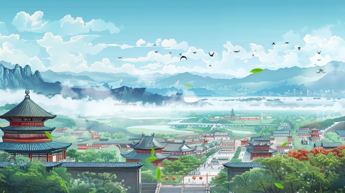 国风手绘风景古建筑山水意境舞台背景大屏