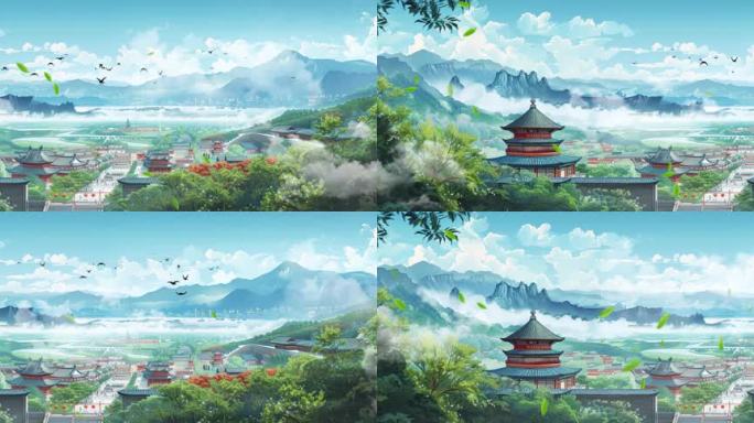 国风手绘风景古建筑山水意境舞台背景大屏