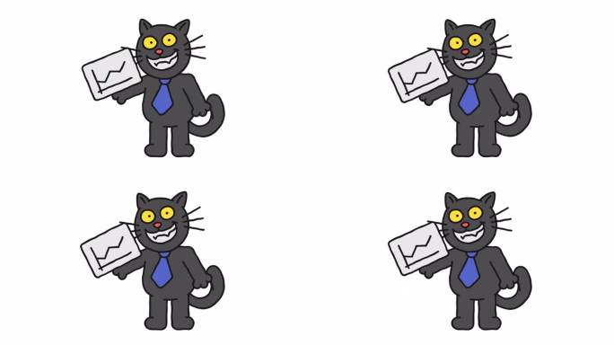 黑猫拿着带有商业图表的平板电脑并微笑。阿尔法通道。