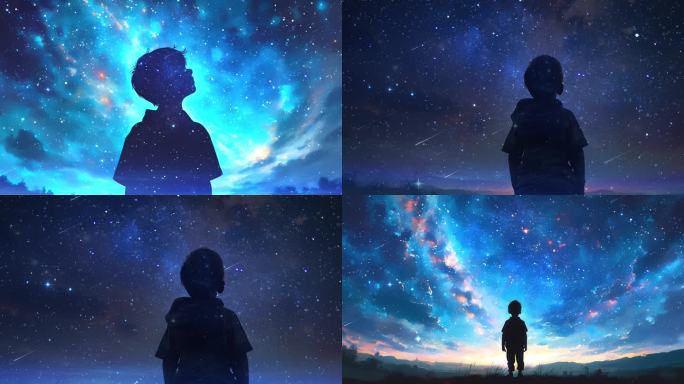 4K孩子仰望星空 梦想未来唯美浪漫
