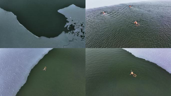 4k南湖航拍冬泳