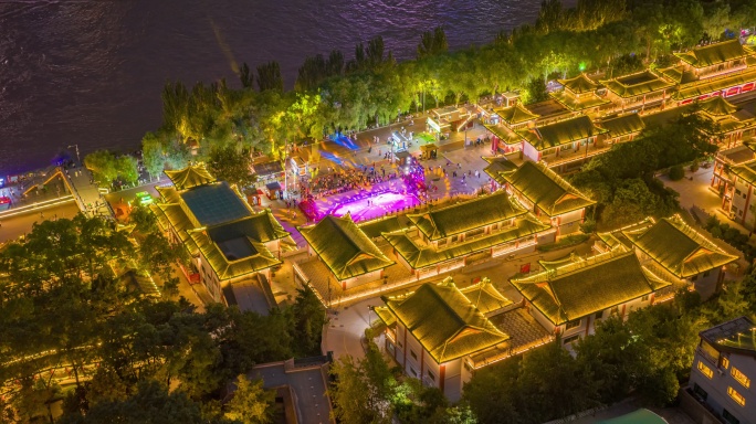 甘肃兰州黄河中山桥白塔山夜景8k航拍