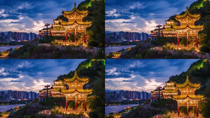 甘肃兰州黄河中山桥白塔山夜景8k航拍