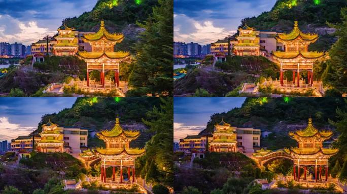 甘肃兰州黄河中山桥白塔山夜景8k航拍