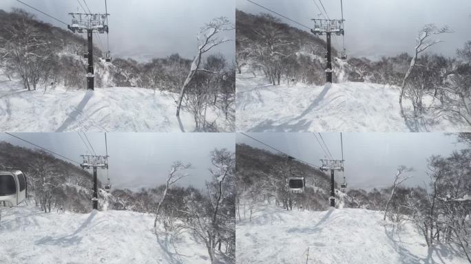 现代滑雪缆车在新雪覆盖的树林山坡上升起，白色的树木映入眼帘。