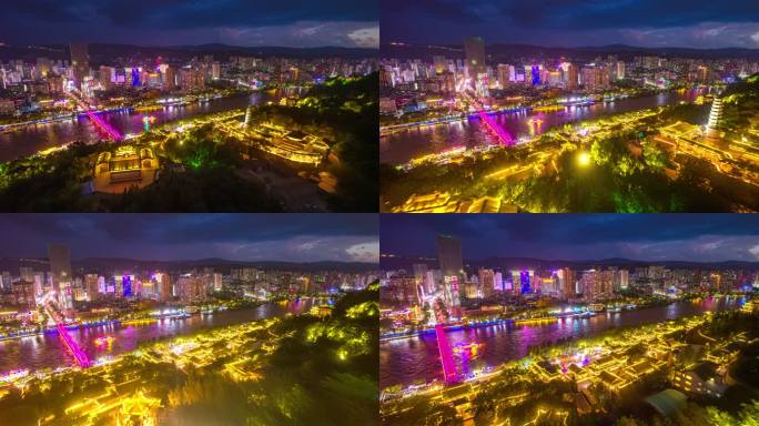 甘肃兰州黄河中山桥白塔山夜景8k航拍