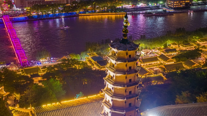 甘肃兰州黄河中山桥白塔山夜景8k航拍