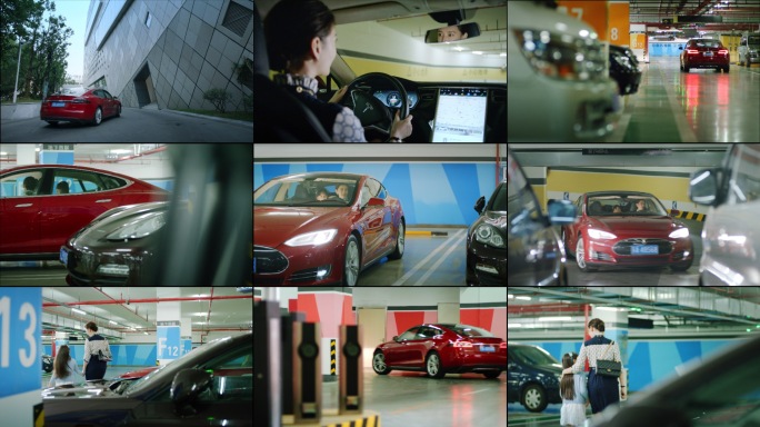 女人开车回家停车场停车妈妈和孩子停车回家