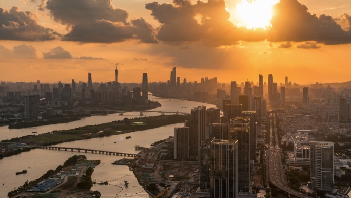 广州鱼珠黄埔金融中心丁达尔日落延时