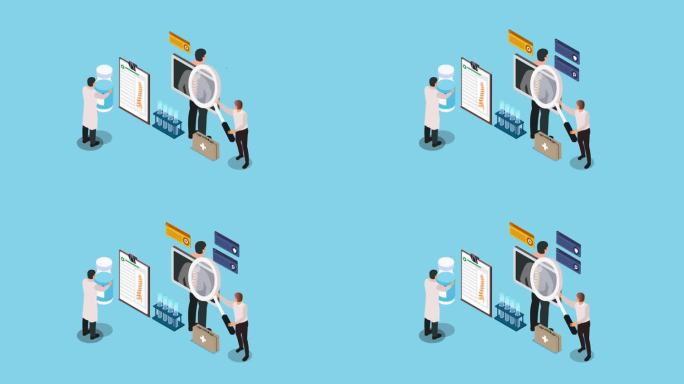 脊柱疼痛研究。骨科医生检查脊柱的X光片。骨科3D动画卡通。