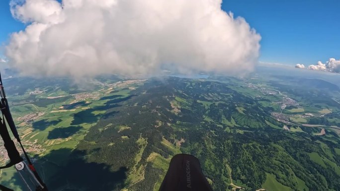 高空滑翔伞飞行冒险，穿越绿色乡村上方的云层天空。