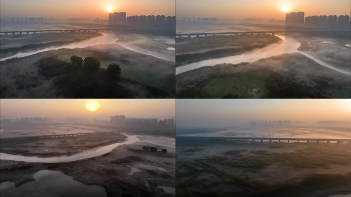 小河交汇 公路桥 平流雾 府河