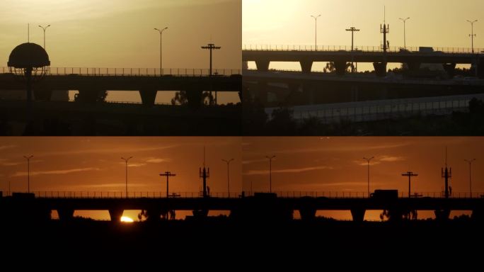城市日落车流夕阳剪影