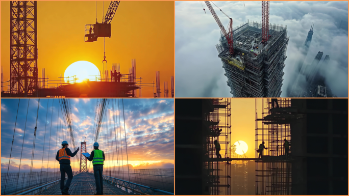 建筑工地延时城市建设建筑工人工程师塔吊
