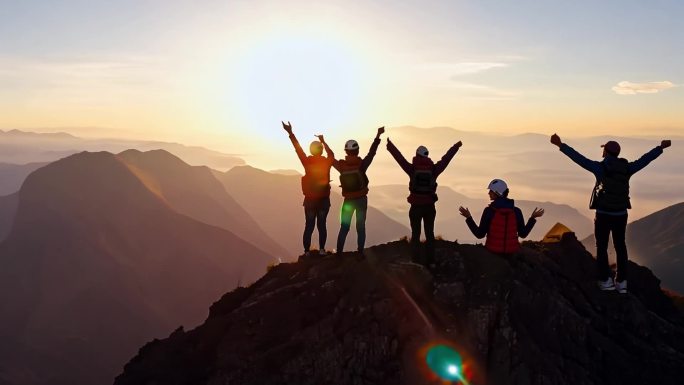 团队登山山顶人物
