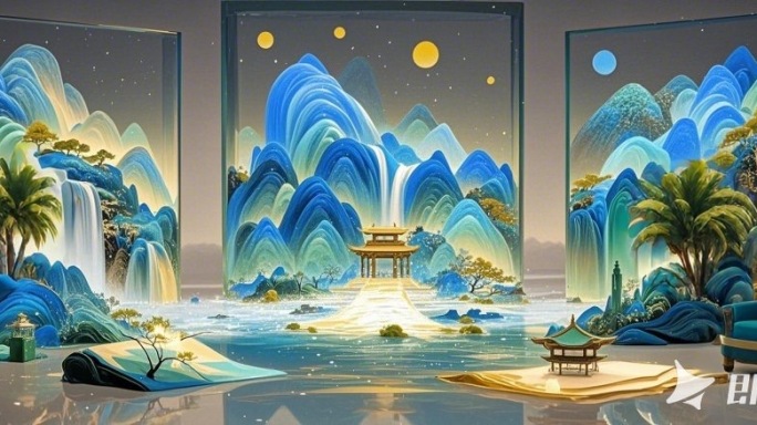 蓝色唯美梦幻玻璃屏风舞台场景背景音乐素材