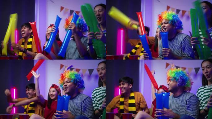 一群朋友，男女一起在家观看直播的足球比赛，欢呼雀跃。吃着零食，喝着啤酒。体育迷们在庆祝他们支持的球队