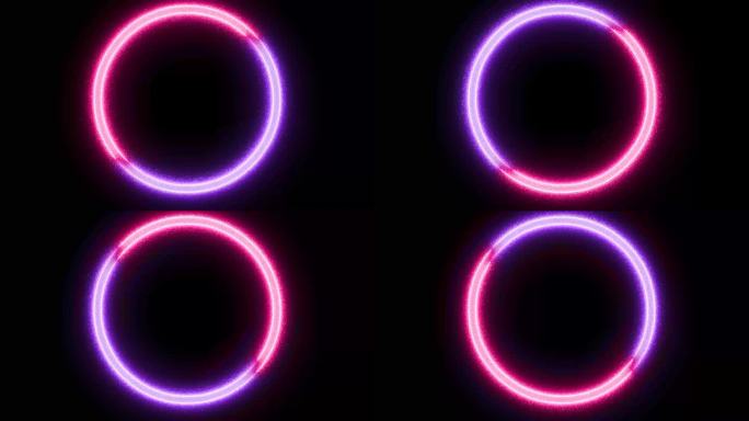 粉紫色霓虹发光圆圈在黑色背景上旋转，4K叠加动态图形元素。