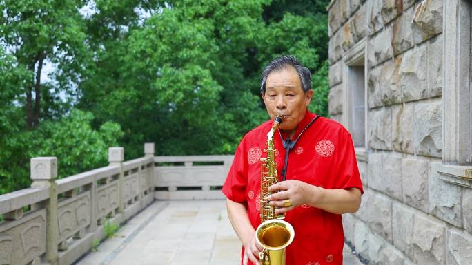 公园老人吹萨克斯退休生活人与自然