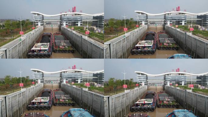 八堡船闸航拍 京杭运河二通道 杭州 货船