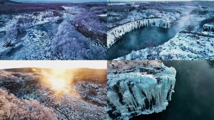 4K 冬天的镜泊湖景区雾凇月落到太阳升起