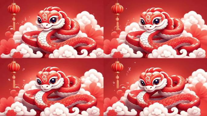 蛇年华丽春节过年动态海报卡通蛇喜庆红色