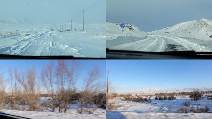 冬季大雪天积雪很厚的高速公路开车第一视角