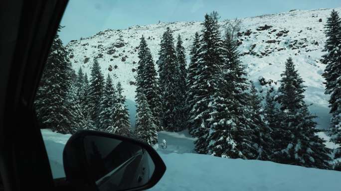冬季大雪天山路松林开车第一视角