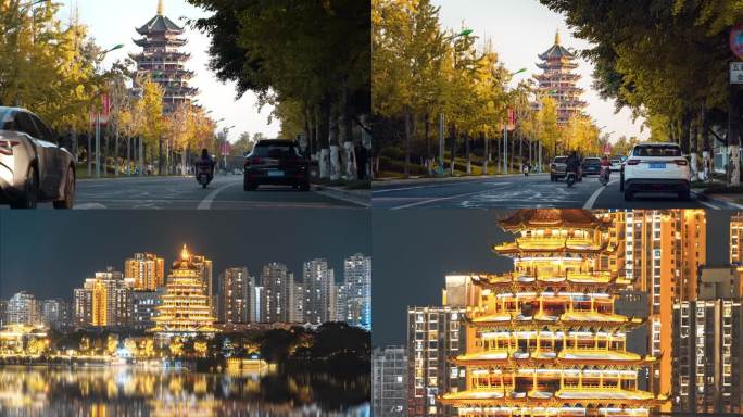 遂宁船山区临仙阁秋色夜景城市风光旅游宣传
