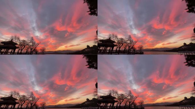 颐和园湖畔晚霞落日凉亭自然景观