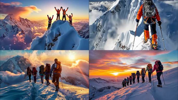 雪山登山团队励志攀登雪山高山奋斗高峰成功