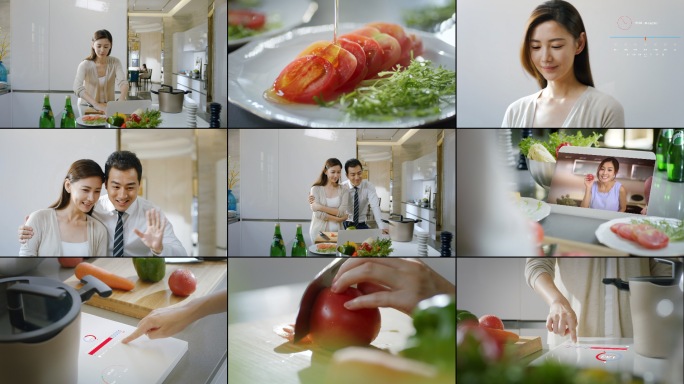 智慧厨房做饭女人烹饪和朋友视频美女切菜