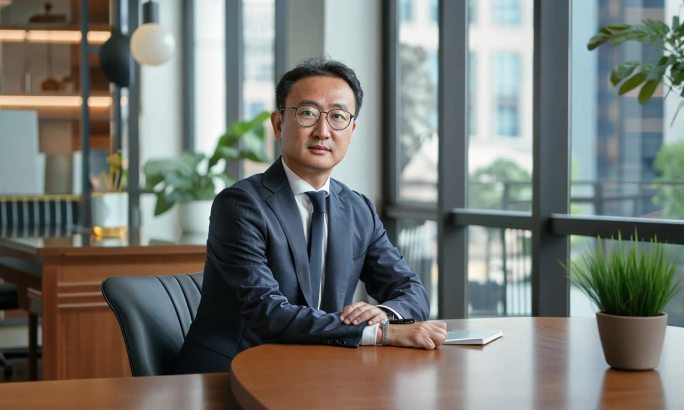 戴眼镜的男经理坐着看镜头肖像