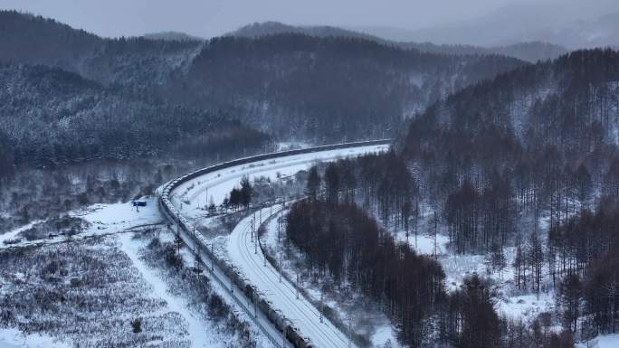 火车行驶在冬天的林海雪原