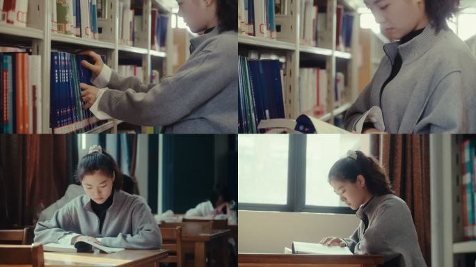 女生在图书馆看书氛围感镜头