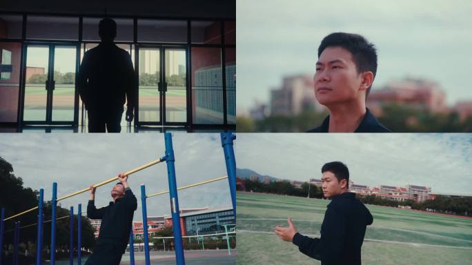 男生进入体育场运动跑步单杠打拳