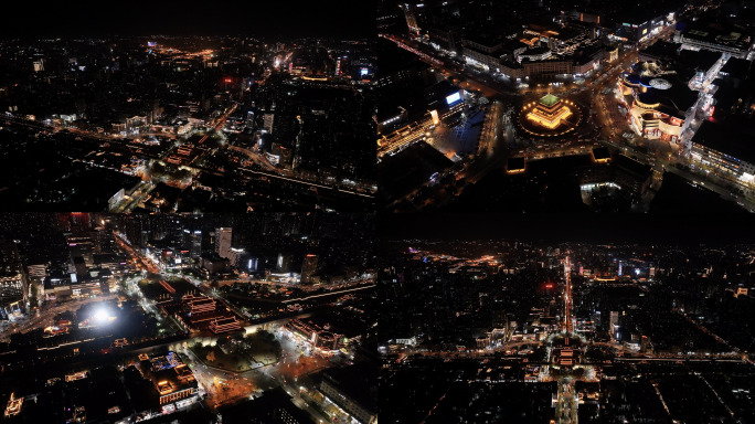 西安城内钟楼永宁门大雁塔城市全景夜景航拍