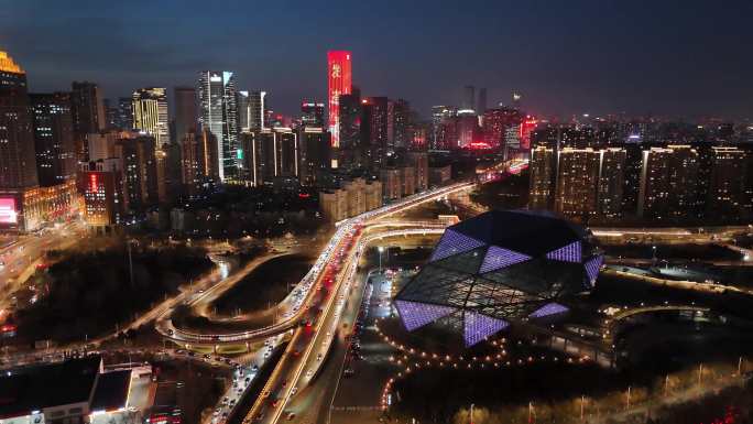 航拍沈阳 青年大街 盛京大剧院夜景