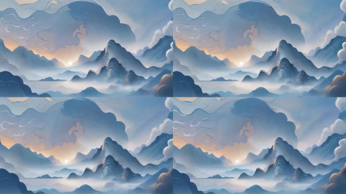 中国风水墨背景场景意境蓝色高山河水水流