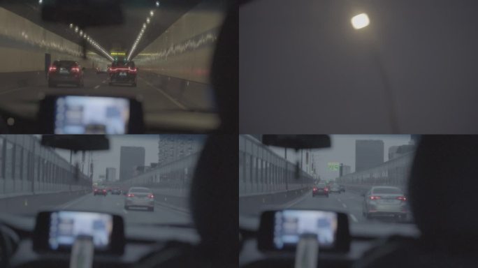 清晨 车窗外景 路灯划过 隧道行驶