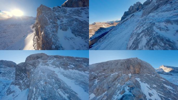 FPV航拍雪山森林山脉山顶日出蓝天白云