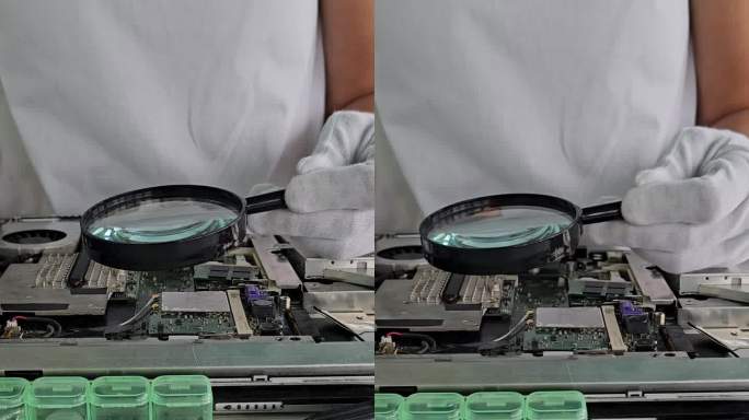 通过放大镜观察电脑主板的特写镜头。笔记本电脑和电脑主板的维修（竖版）。