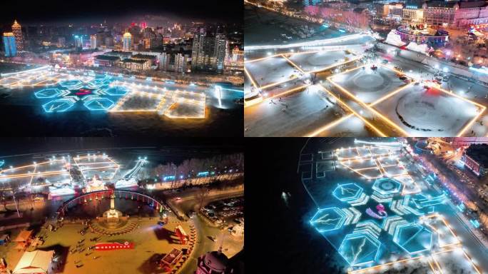 4K 哈尔滨冰雪嘉年华夜景全景大气航拍