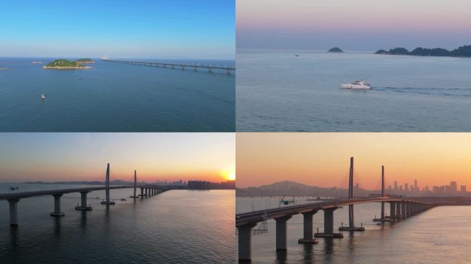 4k航拍港珠澳大桥蓝天+夕阳