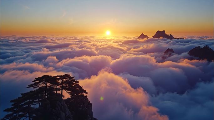 黄山迎客松日出云海风景风光航拍宣传片ai
