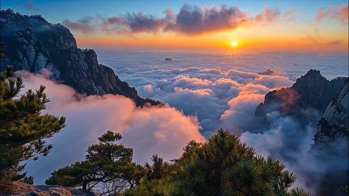 黄山迎客松日出云海风景黄山航拍宣传片ai